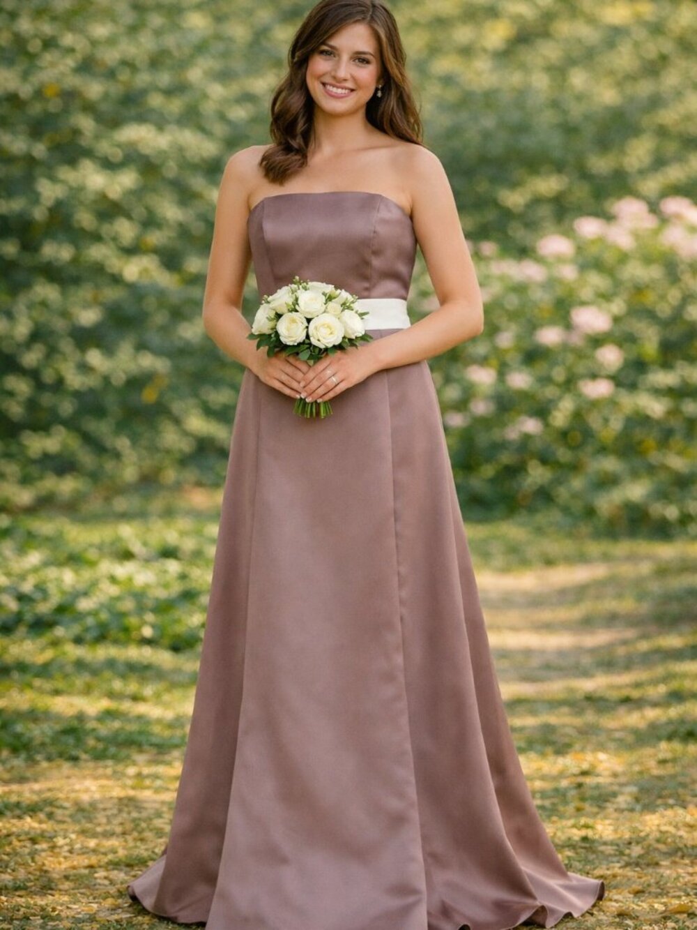 NWT Satin gown | Bridesmaid's dress | strapless | biscotti sash spaghetti Straps